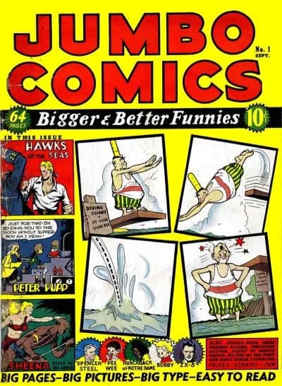 Jack Kirby - Cover, Jumbo Comics #1 (Sept. 1938) Fiction House (defunct publisher), art by unknown Eisner &amp; Iger artist.