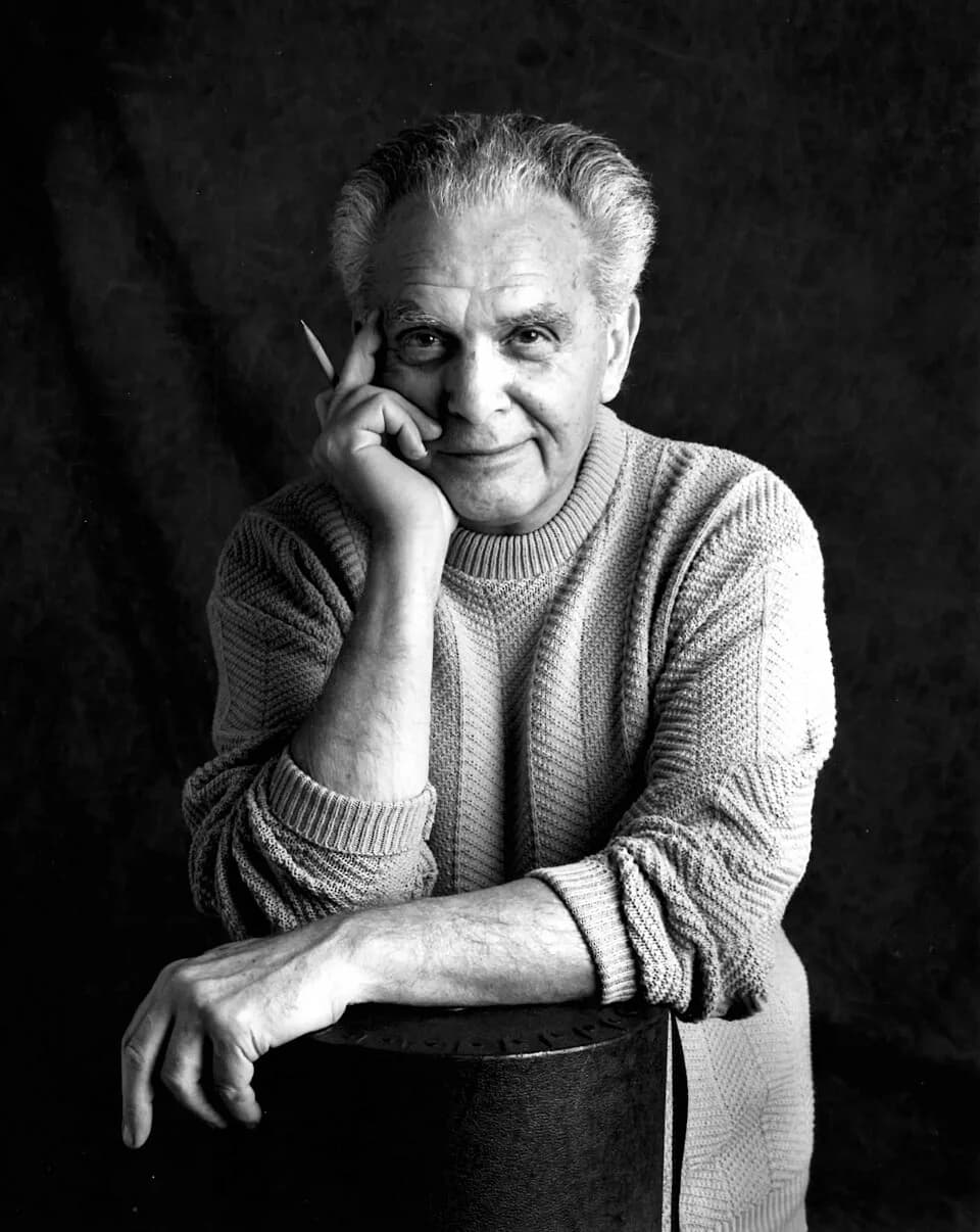 Jack Kirby - Photo of Jack Kirby taken by Susan Skaar during a session in the studio at Jack's home in Thousand Oaks, CA. The photos were later published in The Art of Jack Kirby (Blue Rose Press, 199