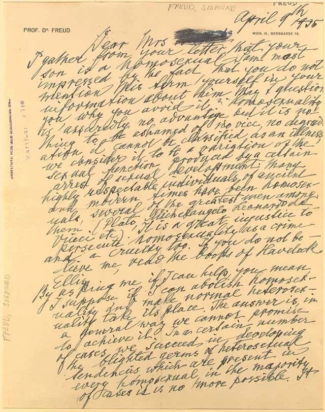 Alfred Kinsey - A Letter from Sigmund Freud to a Mother Concerning her Son's Homosexuality. The Letter was later send anonymusioly "From a grateful mother" to Alfred Charles Kinsey. Page 1