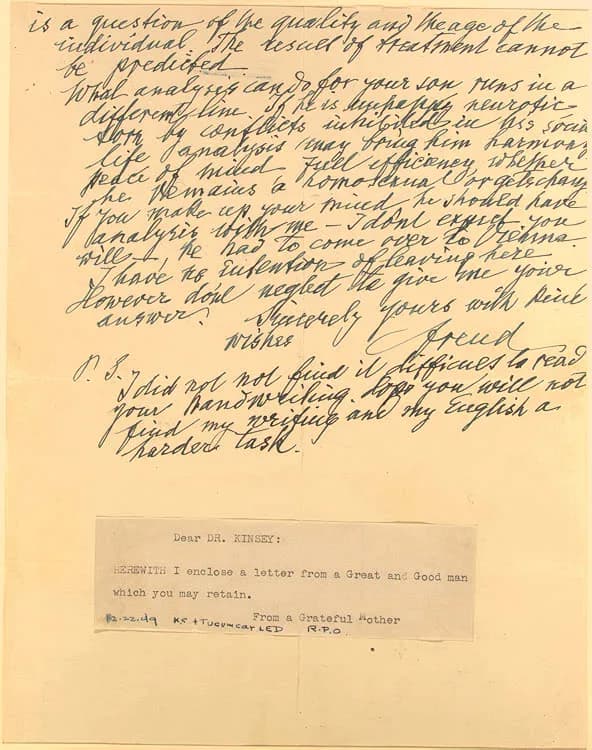 Alfred Kinsey - A Letter from Sigmund Freud to a Mother Concerning her Son's Homosexuality. The Letter was later send anonymusioly "From a grateful mother" to Alfred Charles Kinsey. Page 2
