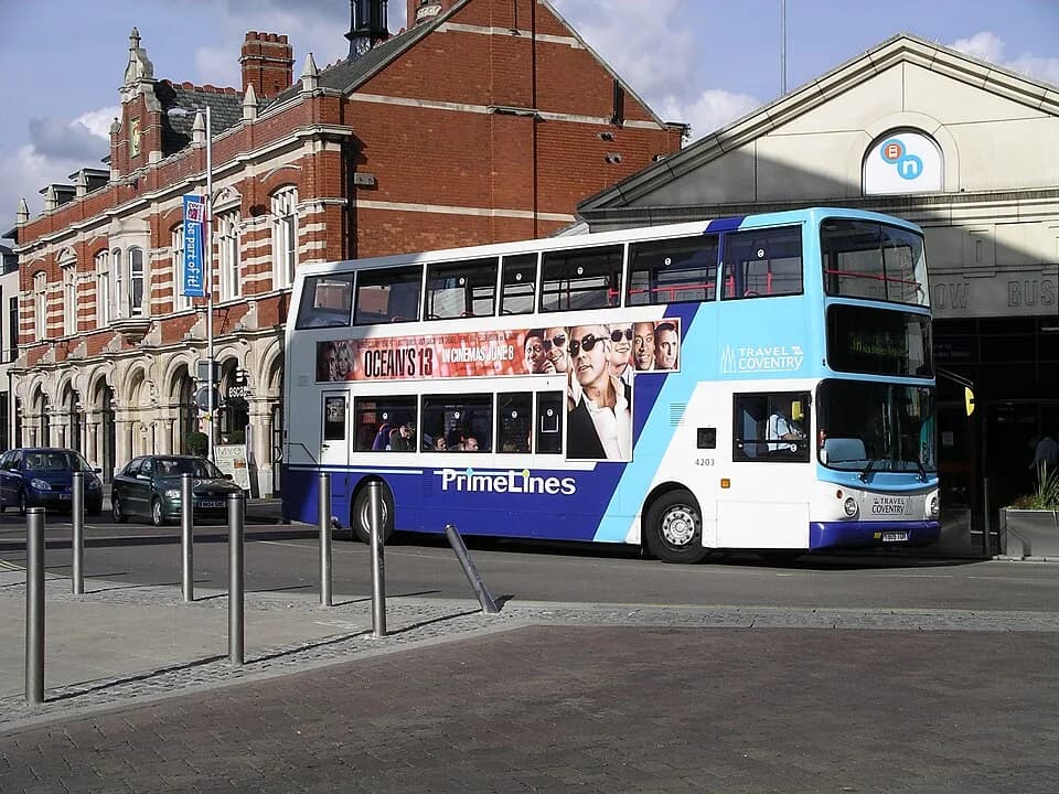 Bernie Mac - Travel Coventry 4203 (Y809 TOH), a Dennis Trident/Alexander ALX400, passing the front of Pool Meadow Bus Station, Coventry, on route 13A.