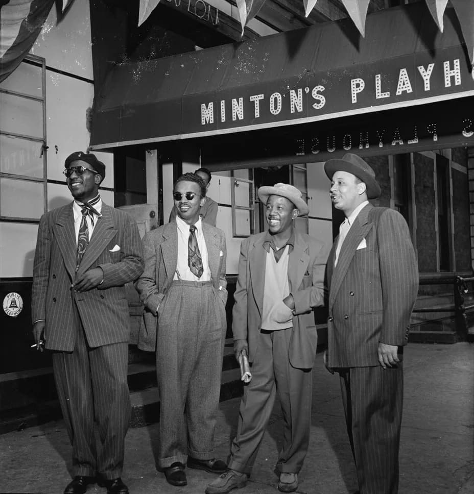 Thelonious Monk - Thelonious Monk, Howard McGhee, Roy Eldridge, and Teddy Hill, Minton's Playhouse, New York, N.Y., ca. Sept. 1947 (Photograph by William P. Gottlieb)