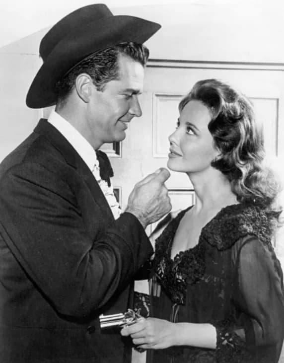 James Garner - Publicity photo of James Garner as Bret Maverick and Suzanne Storrs from the television program Maverick.  This episode is "Guatamala City".
