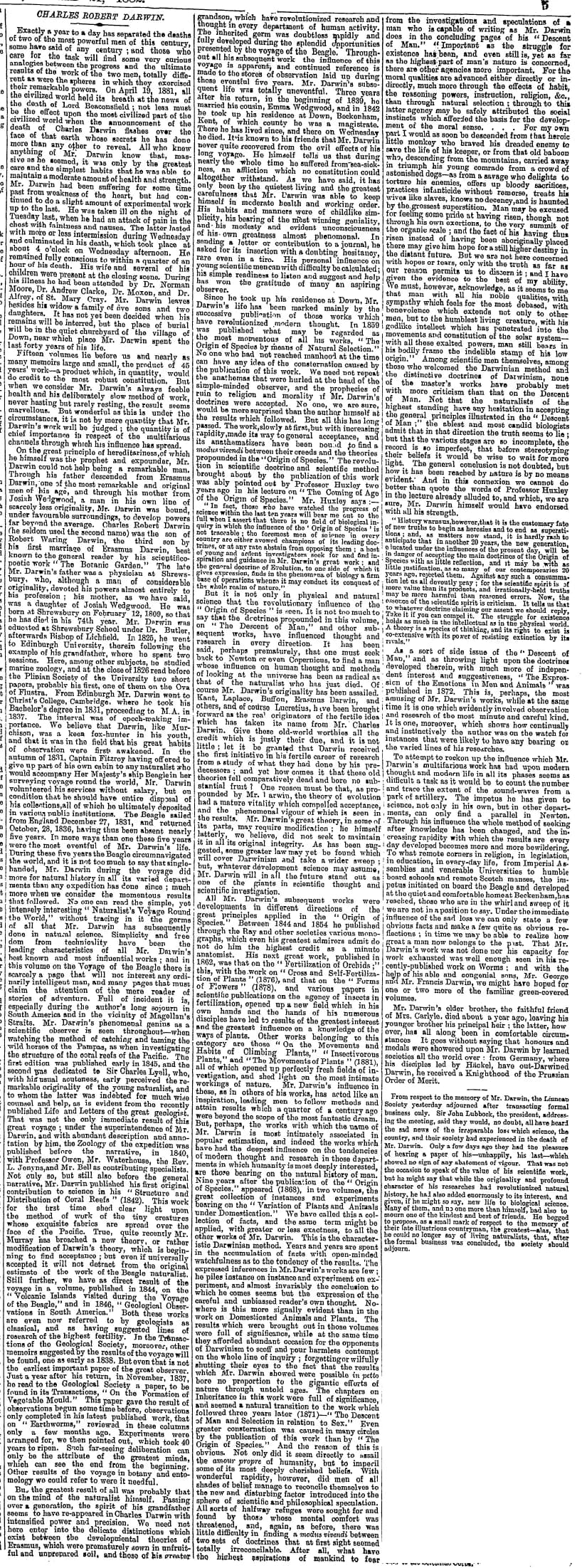 Charles Darwin - Obituary of Charles Darwin
Issue 30487, p.5,  col E