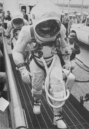 Frank Borman - Astronauts Frank Borman and James A. Lovell, Jr., walking up the ramp to the elevator at pad 19 prior to their Gemini VII flight. They are wearing the new lightweight G5C suits.