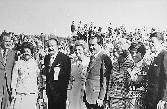 Pat Nixon - From left to right: Spiro and Judy Agnew, Bob and Dolores Hope, Richard and Pat Nixon, Nancy and Ronald Reagan during a campaign stop for the Nixon-Agnew ticket in California, 1971