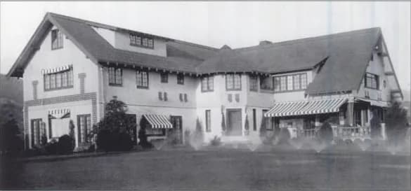 Douglas Fairbanks - The front of the mock-Tudor designed six bedroom house. Contained a screening room, glassed-in sun porch, bowling alley, and billiard room.