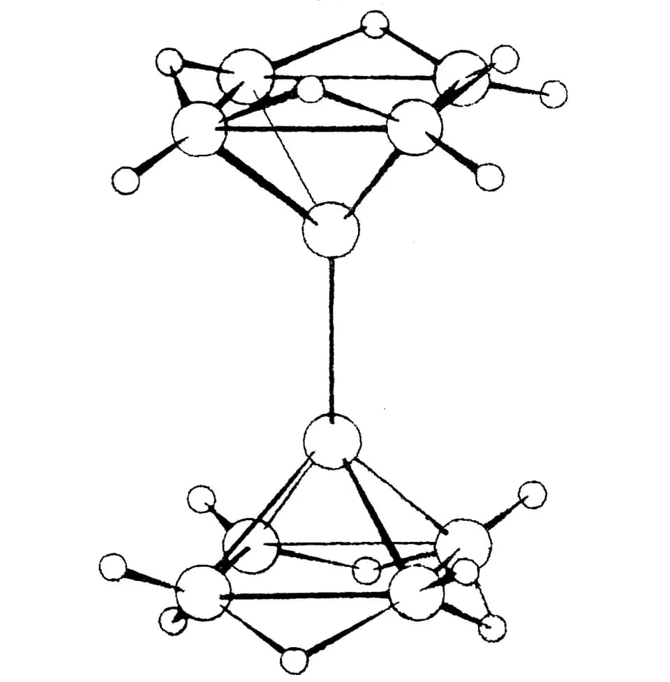 William Lipscomb - Atomic structure of B10H16 a boron hydride.
Shown in the middle is the discovery in 1961 of a new type of bond, directly between two boron atoms without terminal hydrogens.