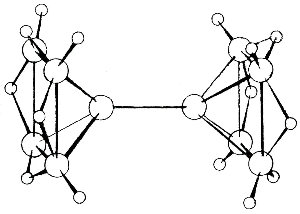 William Lipscomb - Atomic structure of B10H16 a boron hydride. Shown in the middle is the discovery in 1961 of a bond directly between two boron atoms without terminal hydrogens, a feature not previou