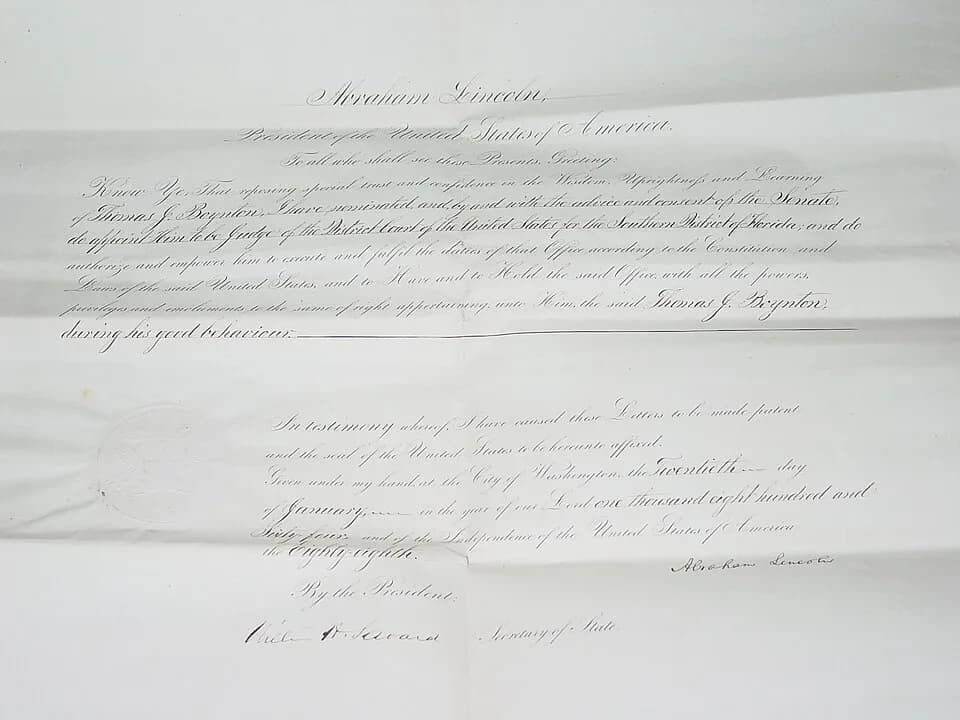 William H. Seward - A photograph of the front of the judgeship appointment of Thomas Jefferson Boynton, dated 20 January 1864, signed by William Seward (Secretary of State) and Abraham Lincoln. The oa