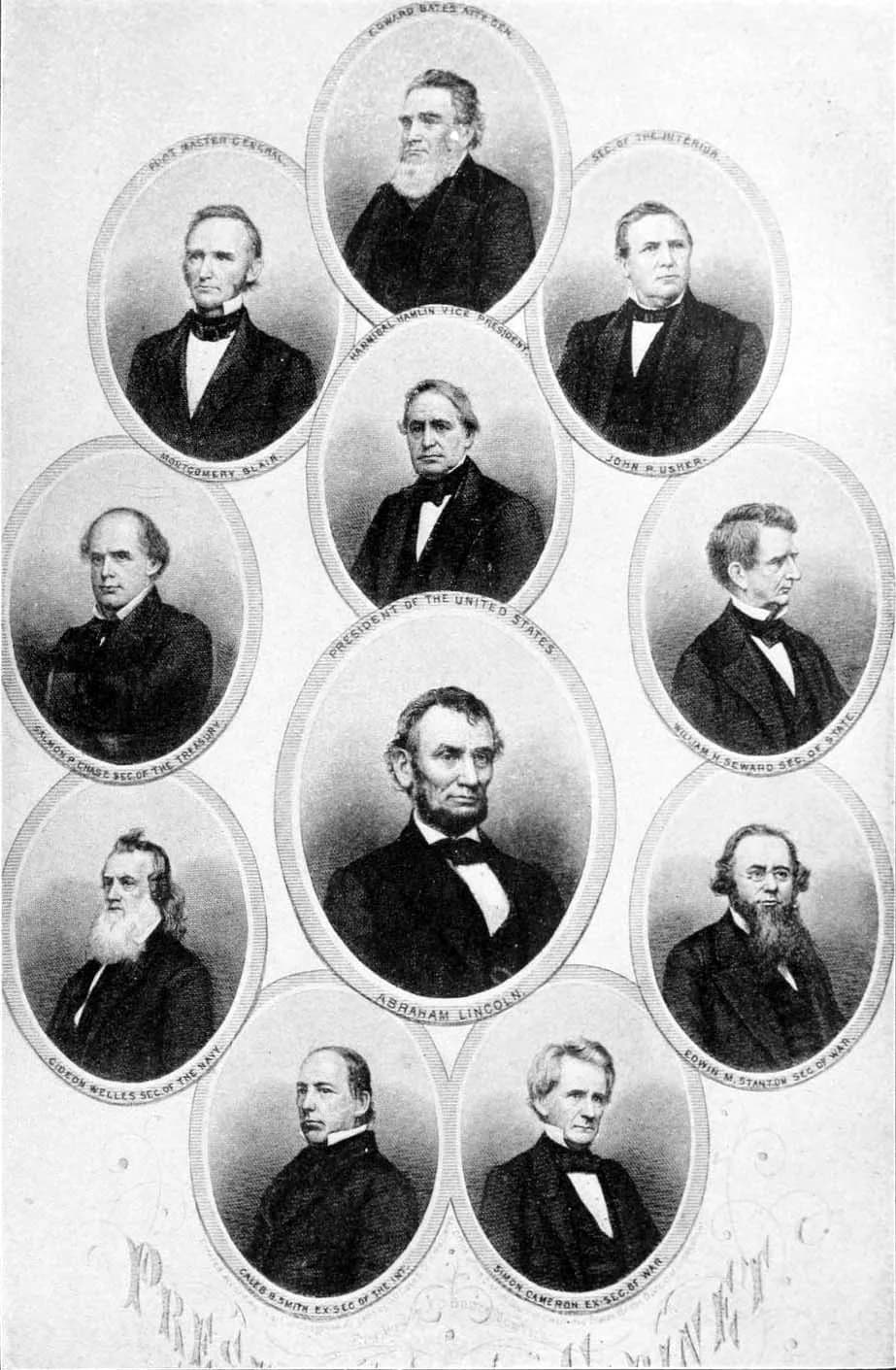 William H. Seward - Oval-framed portrait of President of the United States Abraham Lincoln surrounded by oval-framed portraits of his cabinet