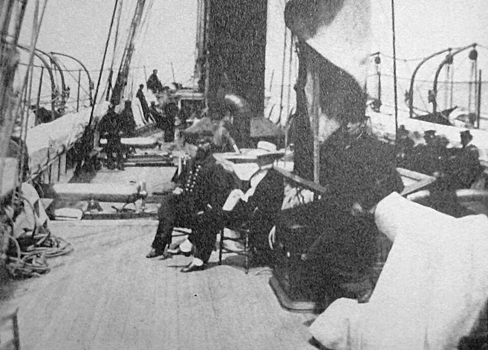 William H. Seward - Deck of USRC Wayanda, ca. 1863. The two seated figures are reportedly Captain J. White and Secretary of State William H. Seward. Some early sources (old version of U.S. Coast Guard