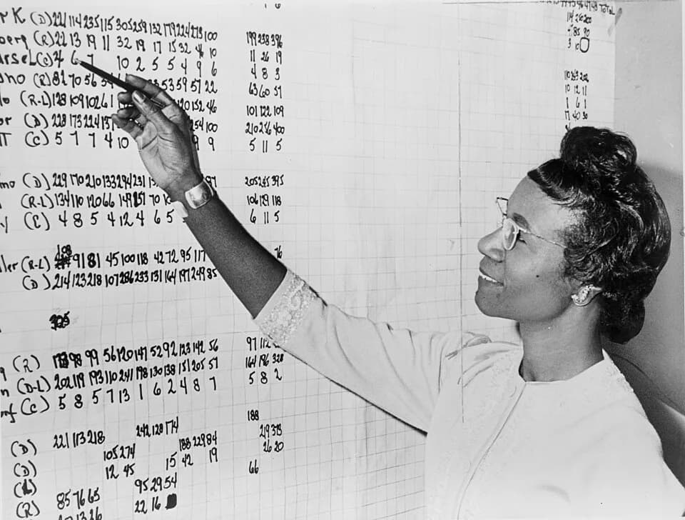 Shirley Chisholm - Shirley Chisholm looking at list of numbers posted on a wall