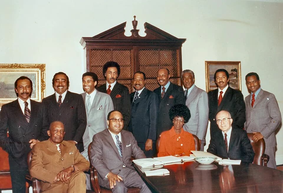 Shirley Chisholm - Founding members of the Congressional Black Caucus. Standing L–R: Parren Mitchell, Charles Rangel, Bill Clay, Ron Dellums, George W. Collins, Louis Stokes, Ralph Metcalfe, John Cony