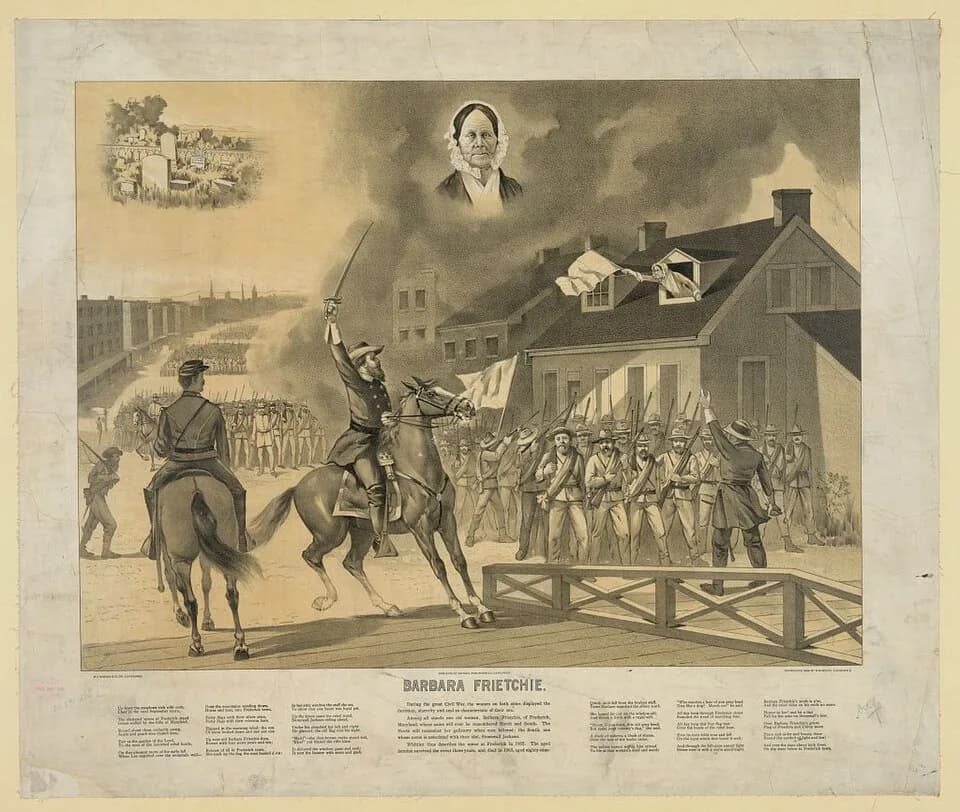 Stonewall Jackson - Illustration of "Barbara Frietchie" by John Greenleaf Whittier (1807-1892)  with inset portrait of American Civil War patriot Barbara Fritchie (1776-1862), on whose story the poem 