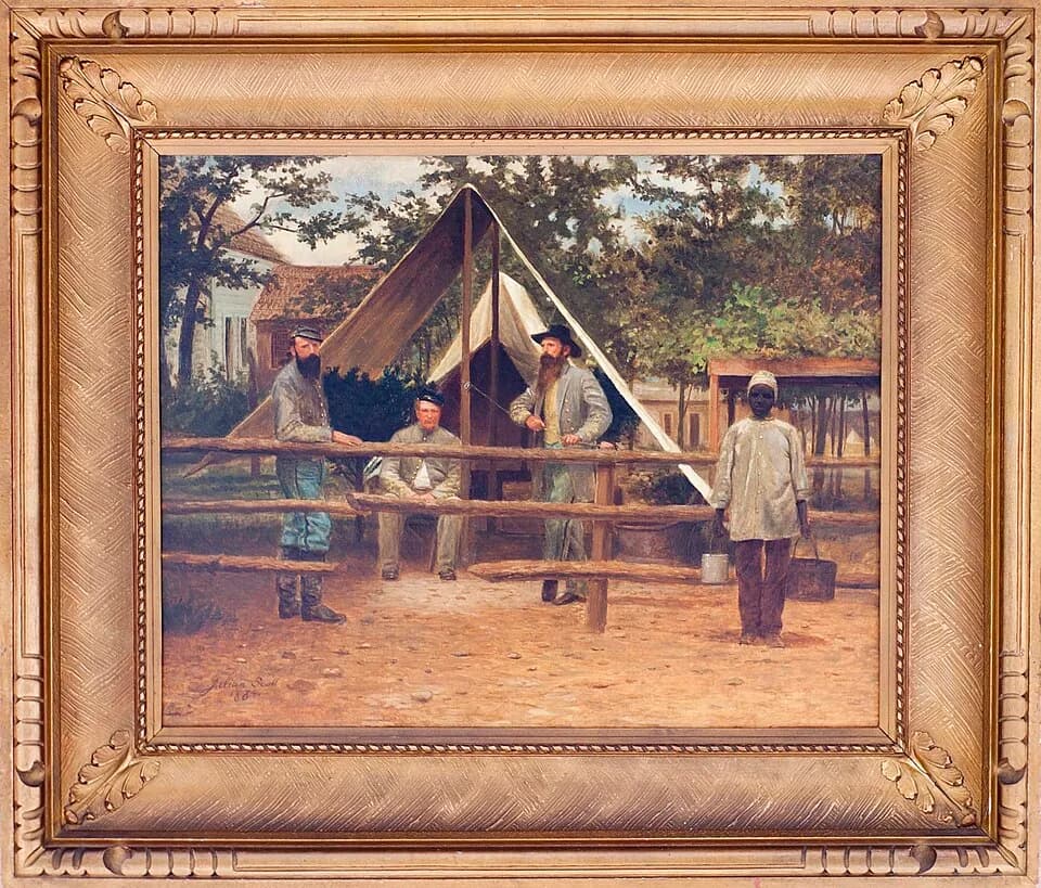 Stonewall Jackson - From a photograph taken at Winchester, Va. The tent of Col. J. B. Wilson (seated),
posed with Stonewall Jackson, J. E. B. Stuart, and an African-American servant standing