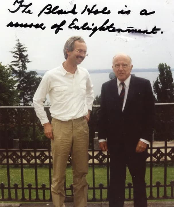 John Archibald Wheeler - together with John Archibald Wheeler in front of lake in Holstein before the Hermann Weyl-Conference 1985 in Kiel, Germany