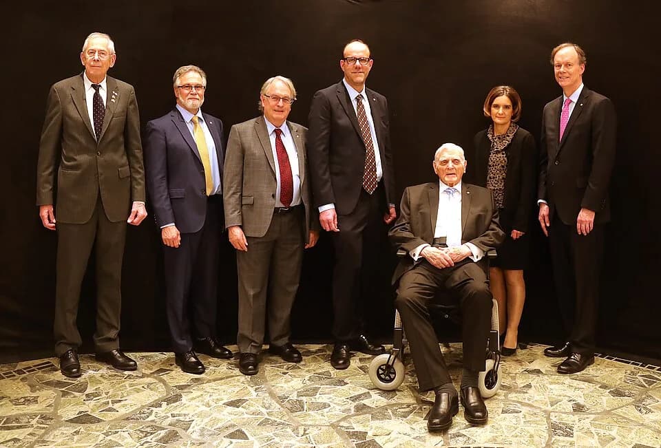 John B. Goodenough - 2019 reception of the US Nobel laureates at the embassy of the United States in Sweden: Jim Peebles, Gregg L. Semenza, M. Stanley Whittingham, Michael Kremer, John B. Goodenough, 