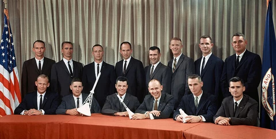Alan Bean - Astronaut Group Three announced on October 18, 1963. They are (seated, left to right) Edwin E. Aldrin Jr., William A. Anders, Charles A. Bassett II, Alan L. Bean, Eugene A. Cernan, and Rog