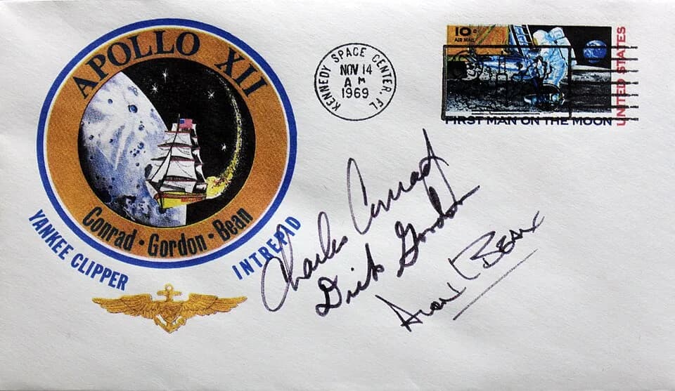 Alan Bean - Insurance cover of Apollo 12 mission (14 to 24 November 1969) in the Technik Museum Speyer, Germany. Signed by the Crew: Commander Charles "Pete" Conrad, Command Module Pilot Dick Gordon a