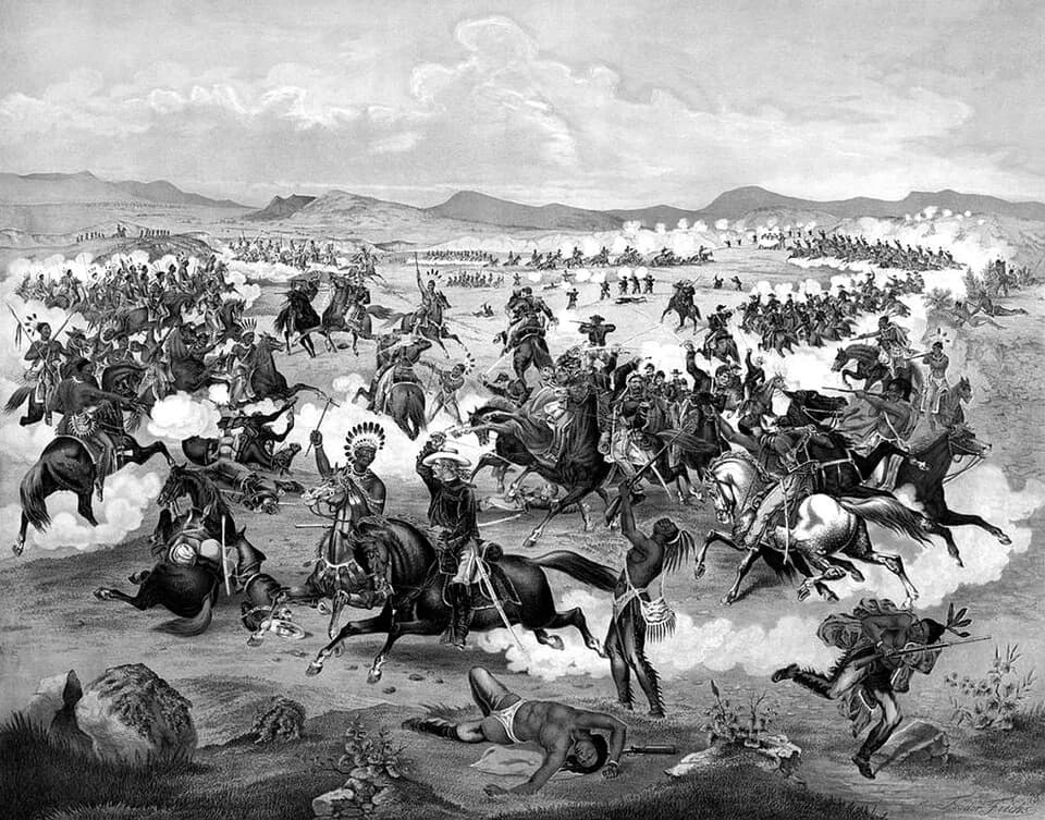 George Armstrong Custer - General Custer on horseback with his U. S. Army troops in battle with Native American Lakota Sioux, Crow, Northern, and Cheyenne, Little Bighorn Battlefield, June 25, 1876, L