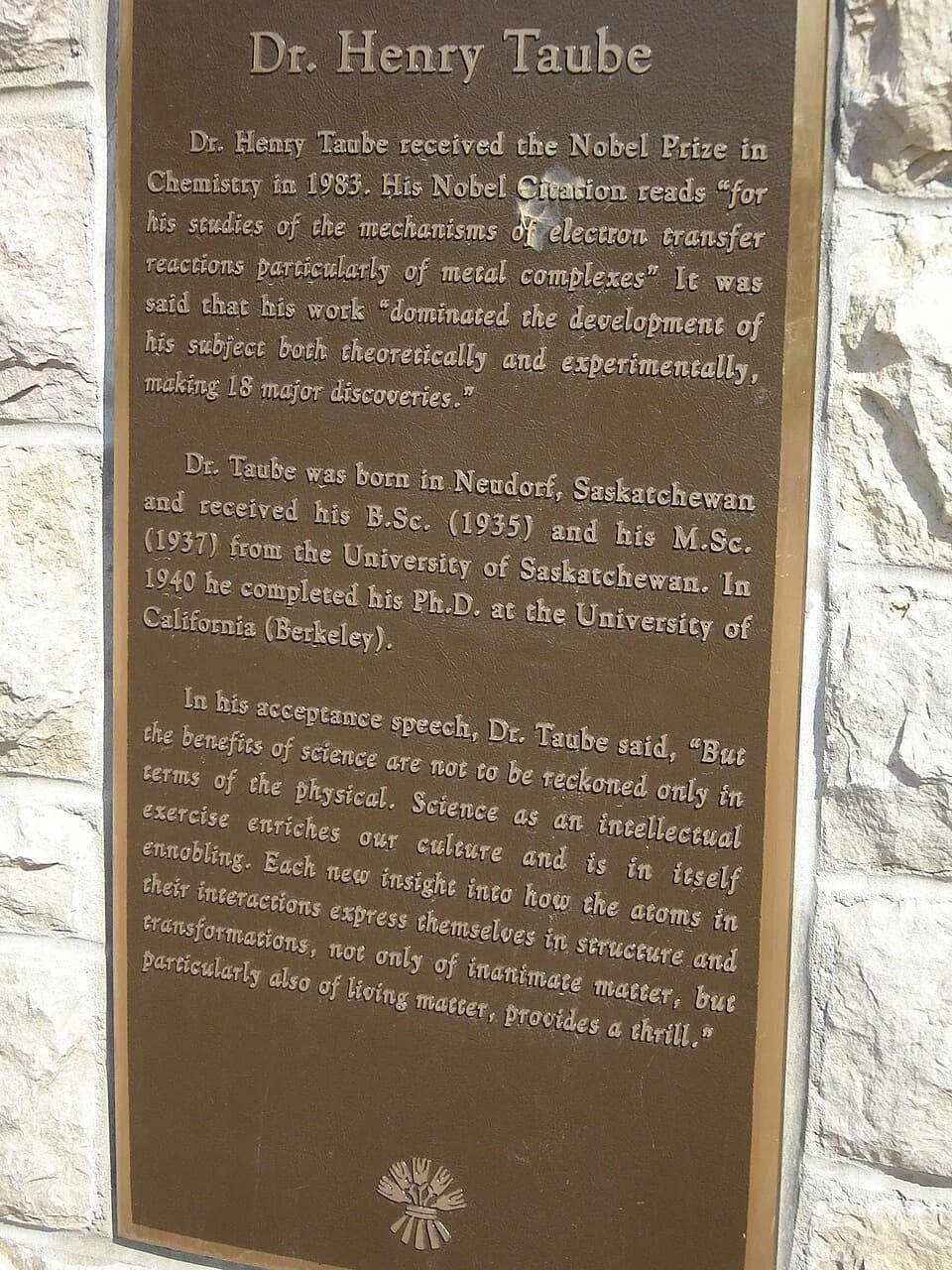 Henry Taube - Dr Henry Taube plaque College Building U of S Saskatoon Sasktchewan Canada