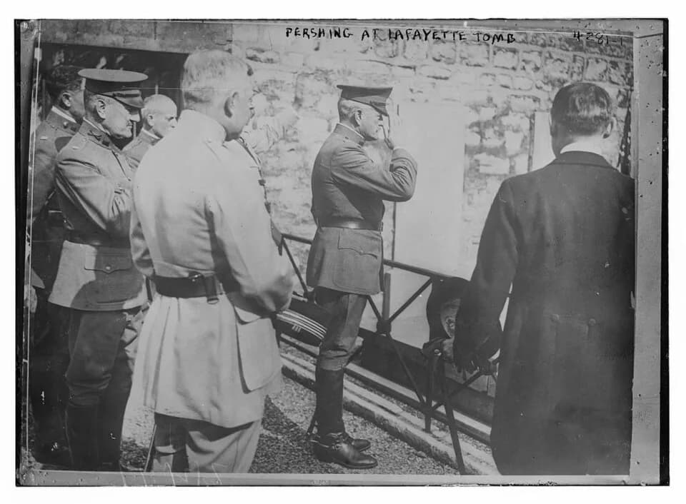 John J. Pershing - Bain News Service,, publisher.
Gen. Pershing at Lafayette's tomb
[between ca. 1915 and ca. 1920]
1 negative : glass ; 5 x 7 in. or smaller.
Notes:
 Title from unverified data provid