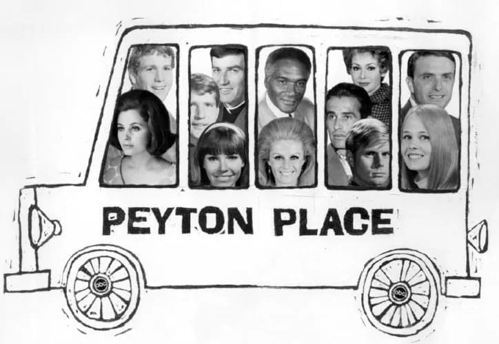 Ryan O'Neal - Promotional photo for the television program Peyton Place.  This was issued to announce the program would be aired at an earlier time and on different days. The image features photos of 