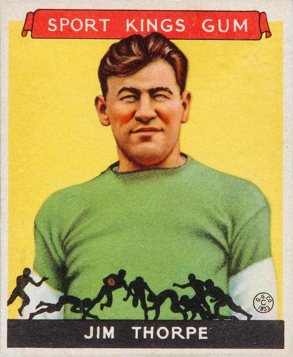 Jim Thorpe - 1933 Goudey Sport Kings football card of Jim Thorpe #6. PD-not-renewed.