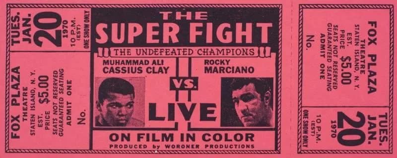 Rocky Marciano - A ticket for the American boxing film The Super Fight (1970) for the staged fight of Muhammad Ali sparring with Rocky Marciano that was filmed in 1969 and shown in theaters in 1970.