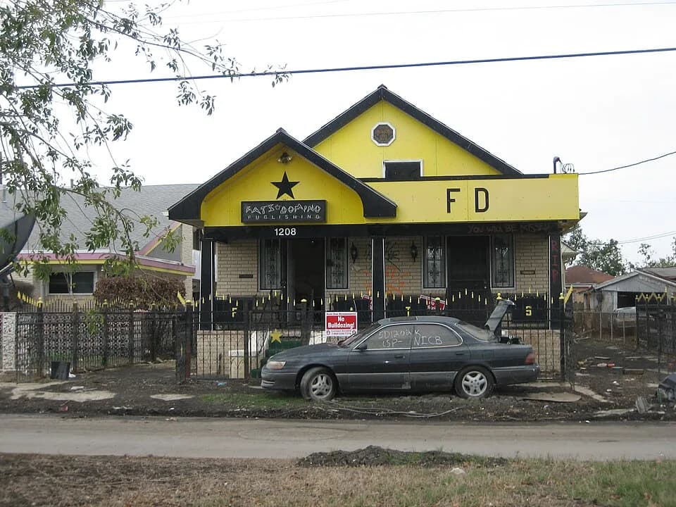 Fats Domino - New Orleans after Hurricane Katrina: Office of Fats Domino adjacent to his home in formerly flooded residential neighborhood of the Lower 9th Ward.