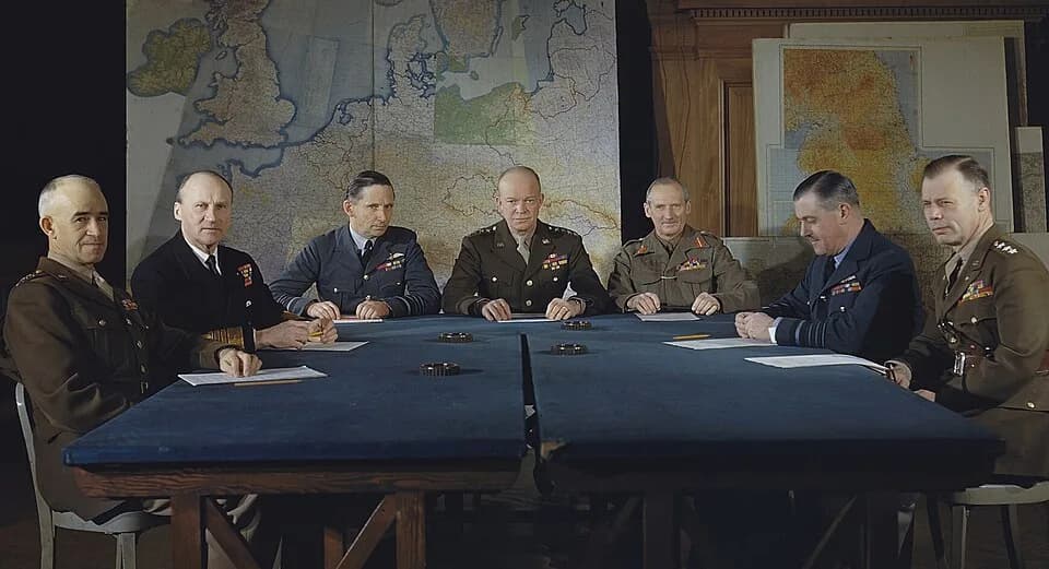 Omar Bradley - Left to right: Lieutenant General Omar Bradley, Commander in Chief, 12th US Army Group; Admiral Sir Bertram H Ramsay, Allied Naval Commander in Chief, Expeditionary Force; Air Chief Mar