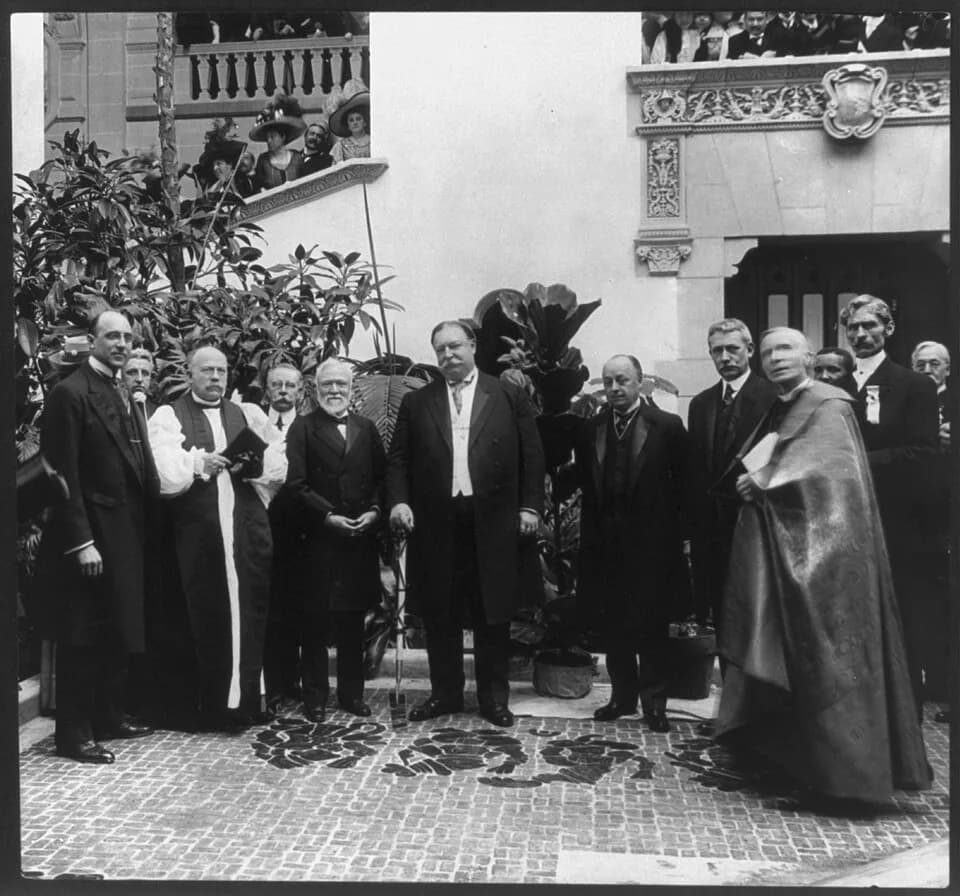 Elihu Root - Andrew Carnegie, William Howard Taft, Elihu Root and Cardinal Gibbons, with others posed in Pan American Union Building, Washington, D.C.