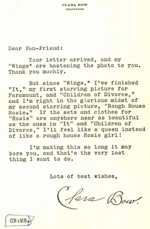 Clara Bow - A pre-written response to a Clara Bow fan letter.