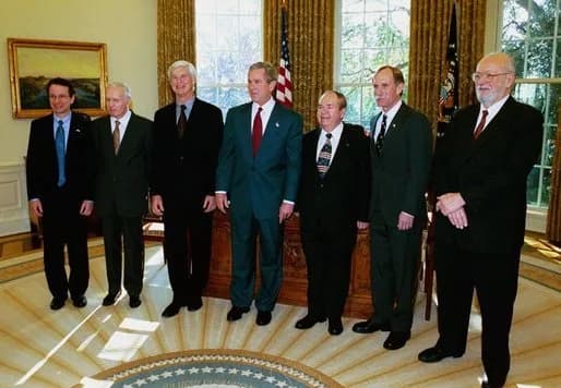 Paul Lauterbur - U.S. President George W. Bush with 6 American Nobel Laureates; President George W. Bush meets with six of the 2003 recipients of the Nobel Awards in the Oval Office Monday, November 1