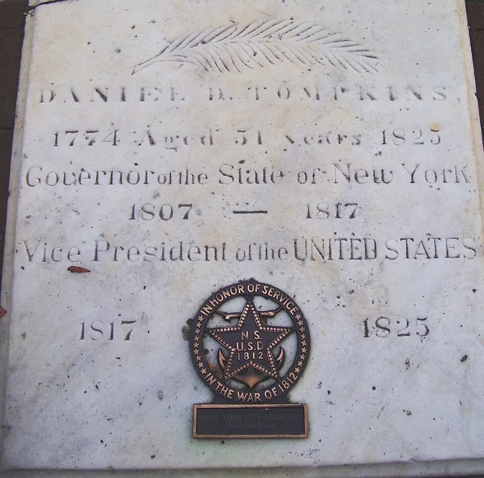 Daniel D. Tompkins - The cover to the vault in which the remains of Daniel D. Tompkins, 6th Vice President of the United States, are interred, in the west yard of St. Mark's Church in-the-Bowery, in t