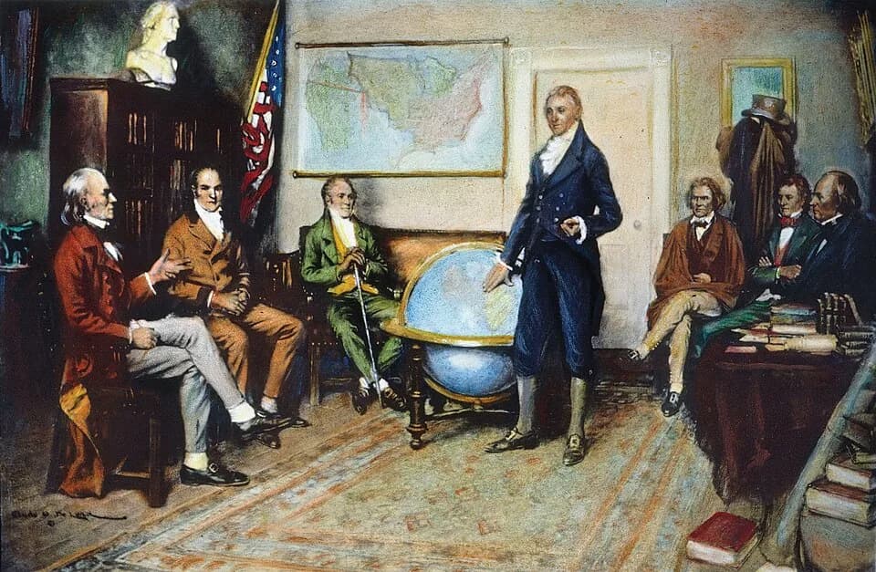 Daniel D. Tompkins - U.S. President James Monroe presides over a cabinet meeting in 1823, discussing the Monroe Doctrine.