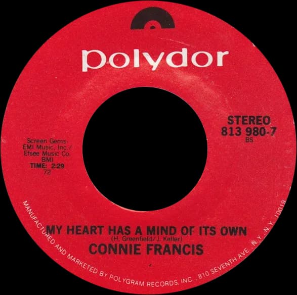 Connie Francis - "My Heart Has a Mind of Its Own" by Connie Francis. Side-B label of a US single re-release (#813 980-7)