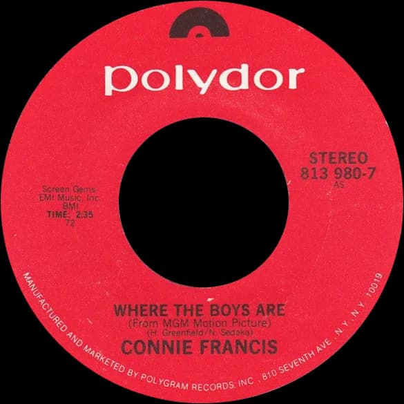 Connie Francis - "Where the Boys Are" by Connie Francis. One of labels of the US single re-release (#813 980-7)