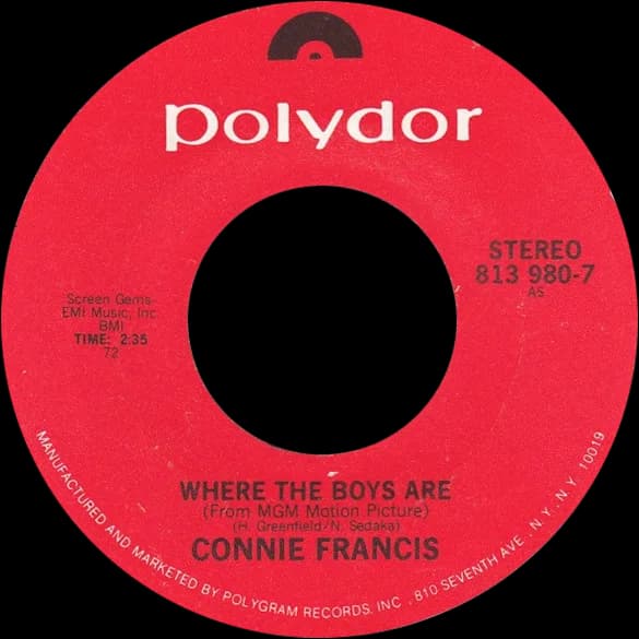 Connie Francis - "Where the Boys Are" by Connie Francis. One of labels of the US single re-release (#813 980-7)