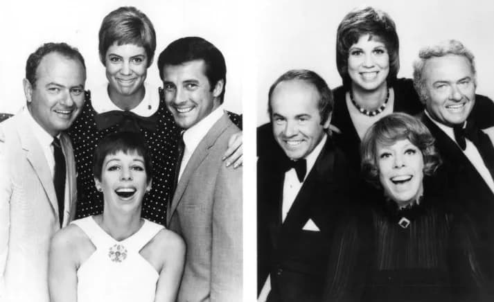 Tim Conway - Publicity photo of the cast of The Carol Burnett Show. 1967: Carol Burnett, Harvey Korman, Vicki  Lawrence, Lyle Wagoner. 1977: Tim Conway, Vicki Lawrence, Harvey Korman, and Carol Burnet