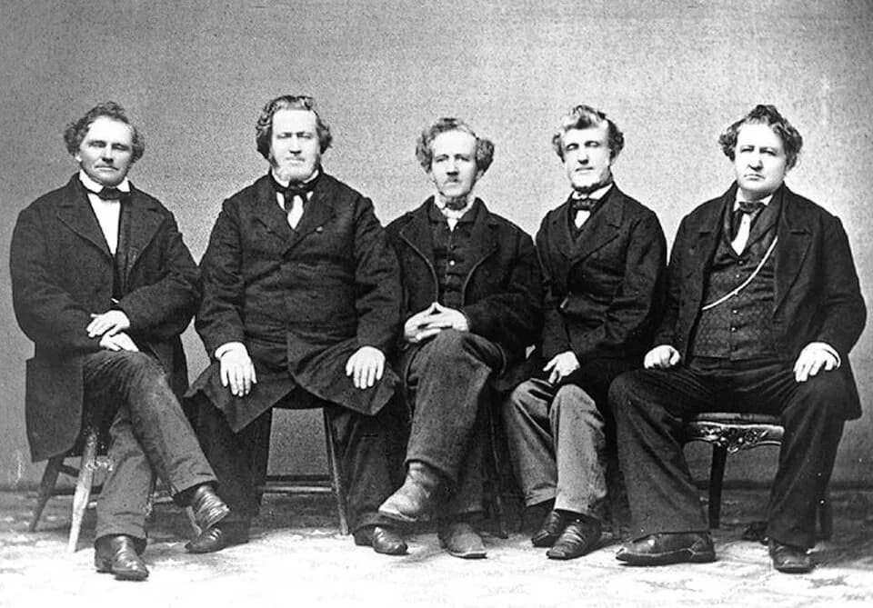 Brigham Young - Photo of the five sons of John and Nabby Young.From left to right: Lorenzo Dow Young (1807-1895), Brigham Young (1801-1877), Phineas Howe Young (1799-1879), Joseph Young (1797-1881), a