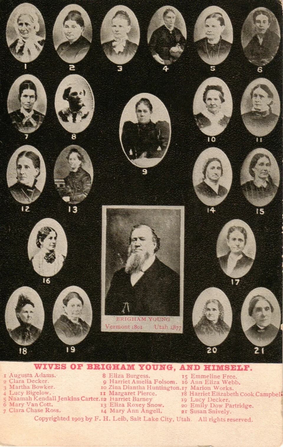 Brigham Young - This image was scanned from a rare postcard published in 1903.  It shows Brigham Young along with 21 of his wives.  There is a number next to the image of each wife which correspond to