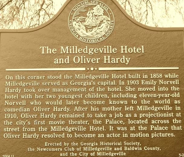 Oliver Hardy - Historical marker in Milledgeville, Ga., that tells the story of Hardy's time in that town.