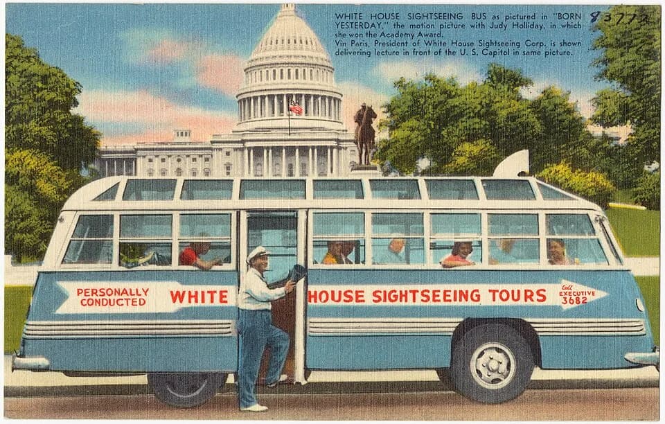 Judy Holliday - File name: 06_10_022085
Title: White House Sightseeing Tours
Created/Published: Pub. by Mellinger Studios, Lancaster, Penna.
Date issued: 1930 - 1945 (approximate)
Physical description