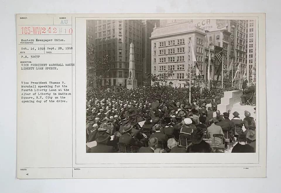 Thomas R. Marshall - Scope and content:  Original Caption: Vice President Marshall makes Liberty Loan speech. Vice President Thomas R. Marshall speaking for the Fourth Liberty Loan at the Altar of Lib