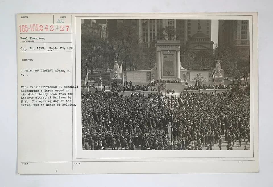 Thomas R. Marshall - Scope and content:  Original Caption: Opening of Liberty Altar, New York City. Vice President Thomas R. Marshall addressing a large crowd on the 4th Liberty Loan from the Liberty 