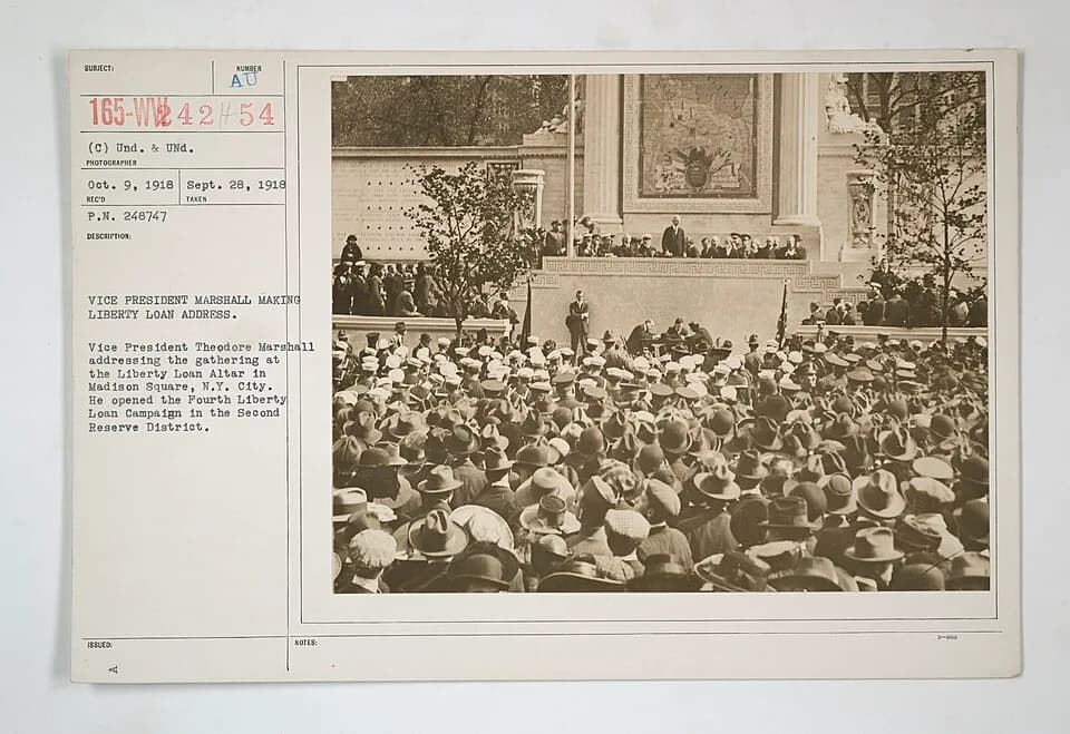 Thomas R. Marshall - Scope and content:  Original Caption: Vice President Marshall makes Liberty Loan address. Vice President Theodore Marshall addressing the gathering at the Liberty Loan Alter in Ma