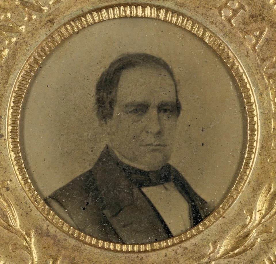 Hannibal Hamlin - Campaign button for Hannibal Hamlin, 1860.  Portrait appears in tintype.  Hannibal Hamlin was vice presidential running mate to Abraham Lincoln, whose portrait appears on the other s