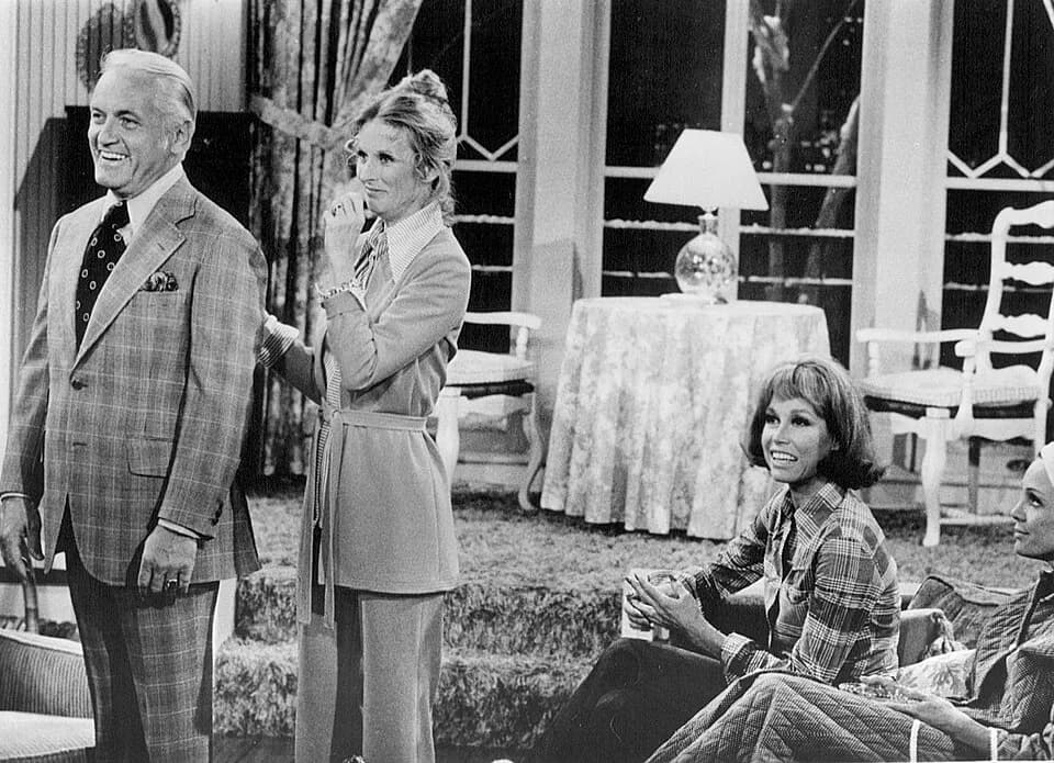 Cloris Leachman - Publicity photo of Ted Knight, Cloris Leachman, Mary Tyler Moore and Valerie Harper from The Mary Tyler Moore Show. In this episode, Phyllis talks Ted into running for local public o